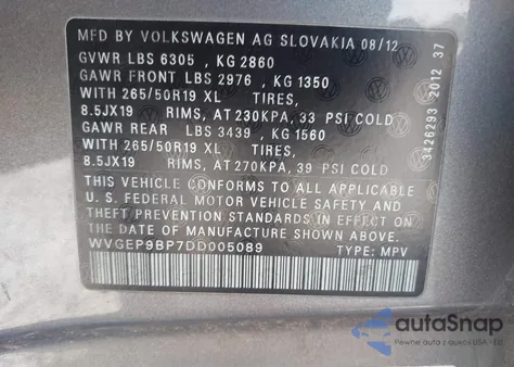 2013 Volkswagen Touareg Tdi Lux z USA, uszkodzony, nr VIN WVGEP9BP7DD005089